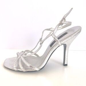 Vintage Silver Strappy Heels Stiletto Tango Metallic Snakeskin Nina New York 7.5